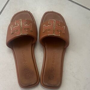 Tory Burch Tan Slide Sandals with Gold Logo - Used